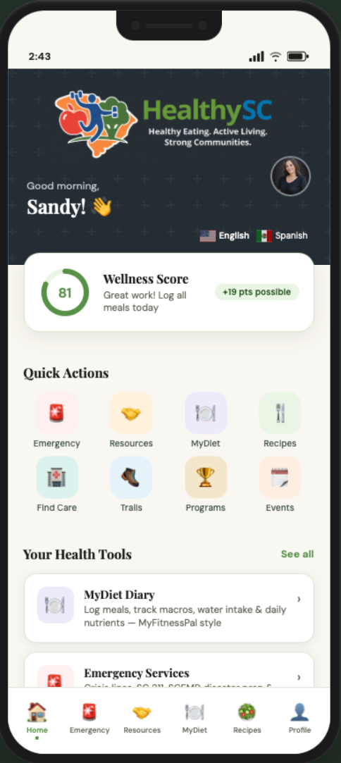 HealthySC app home screen