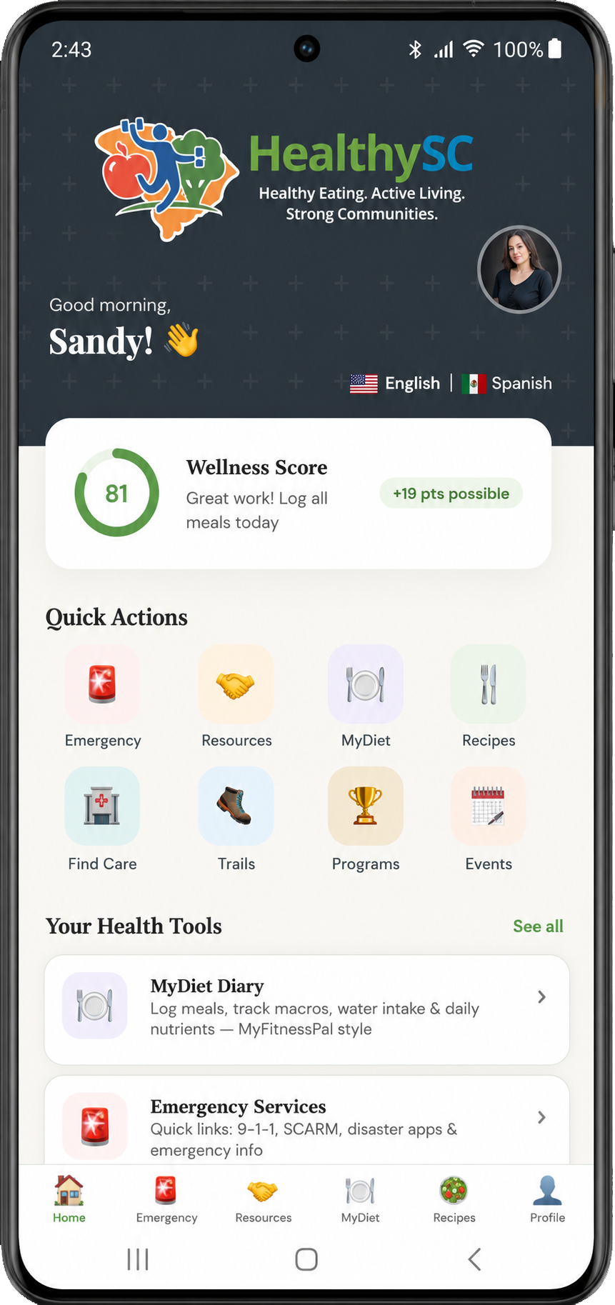 HealthySC app home screen